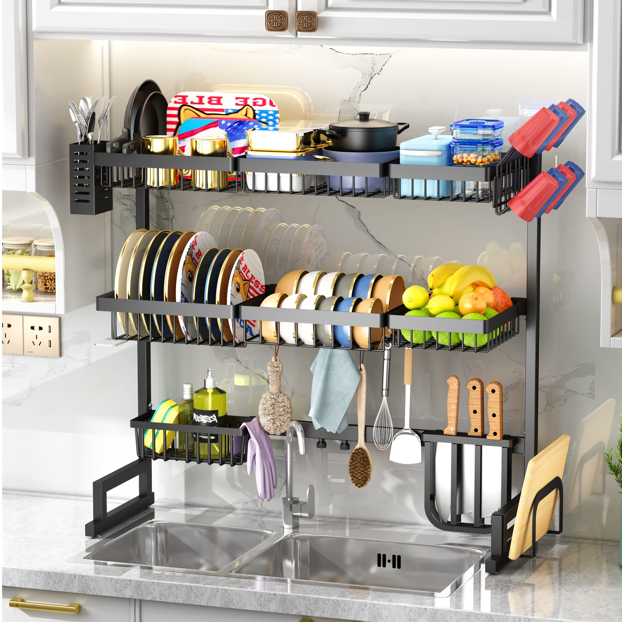 Over The Sink Dish Drying Rack, 3 Tier Adjustable (33.8 To 41.5 Inch) Large Capacity Kitchen Counter Dish Drying Rack With Fruit